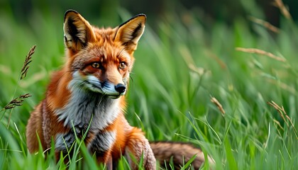 Wall Mural - Alert red fox lounging on lush green grass