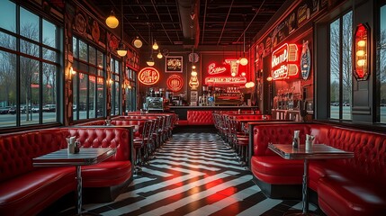 Canvas Print - Retro diner-inspired coffee shop with red leather seating, black and white checkered floors, and neon signs glowing on the walls.