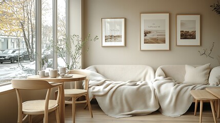 Wall Mural - Scandinavian coffee shop with minimalist decor, light wooden furniture, and cozy throws draped over seating. The soft pastels and natural light create a calming, warm,