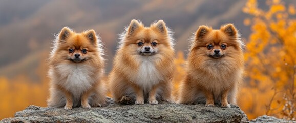 Wall Mural - Three Adorable Pomeranian Dogs Sitting on a Rock in Autumn