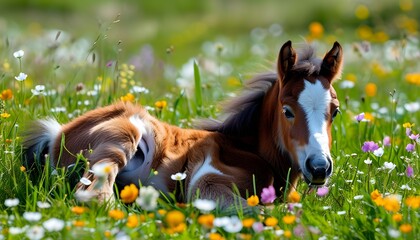 Wall Mural - Shetland pony resting among vibrant wildflowers in a serene meadow