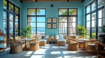 Poster - A beachside coffee shop featuring light blue and sandy beige tones, natural wicker furniture, and large windows with ocean views.