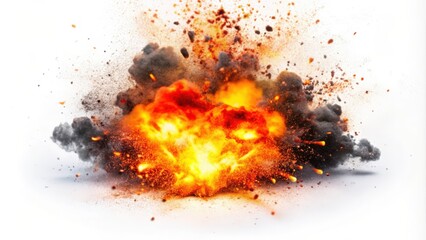 Canvas Print - A fiery explosion with smoke and debris against a white background