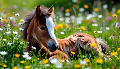 Wall Mural - Shetland pony resting among vibrant wildflowers in a serene meadow