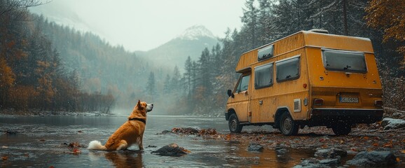 Dog Sitting by a River with a Camper Van in the Background