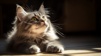 71. Close-up of a gray fluffy domestic cat sitting on the floor, looking up at the sunlight, its green eyes gleaming, casting a serene shadow