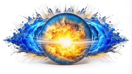 Wall Mural - A Circular Lens Capturing a Fiery Explosion Within a Blue and Yellow Explosion