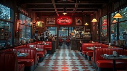 Canvas Print - A cozy 1950s-style coffee shop with red leather booths, checkered tile flooring, and vintage neon signs. The warm lighting and retro decor create a nostalgic Americana diner vibe  --ar 16:9 --no logo