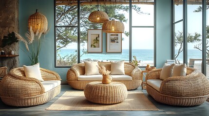 Wall Mural - A cozy beachside coffee shop with light blue walls, sandy beige tones, and natural wicker furniture. Large windows offer views of the ocean, while soft sunlight floods the space, creating a relaxed,