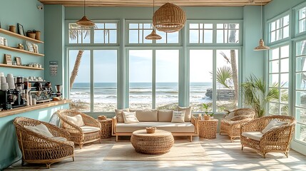 Poster - A cozy beachside coffee shop with light blue walls, sandy beige tones, and natural wicker furniture. Large windows offer views of the ocean, while soft sunlight floods the space, creating a relaxed,