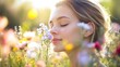 © Sinechana - 92. A woman enjoying the fragrance of fresh spring flowers, her face bathed in warm sunlight, highlighting her serene smile