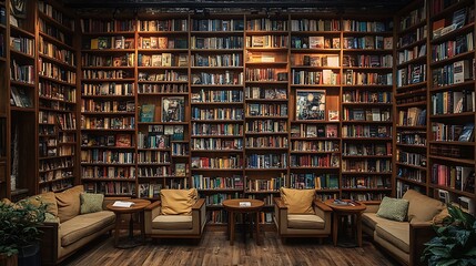 Wall Mural - A cozy bookshop café with wooden shelves filled with books lining the walls, small wooden tables, and overstuffed armchairs. Soft,