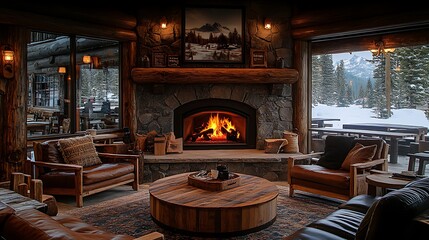 Poster - A cozy cabin-inspired coffee shop with wooden furniture, a stone fireplace, and warm ambient lighting. Rustic decor and soft firelight create a relaxing,