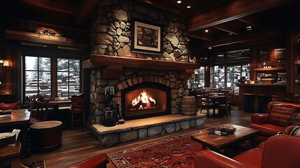 Canvas Print - A cozy coffee shop with a mountain cabin feel, featuring a stone fireplace, wooden furniture, and warm tones throughout. The firelight and rustic decor create a welcoming,