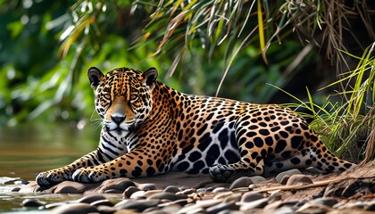 Poster - Majestic jaguar resting gracefully by the river in its natural habitat