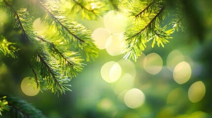 110. Close-up of fir tree branches with sunlight creating an abstract, blurred effect, emphasizing the natural beauty and tranquility of a summer forest