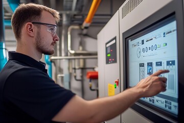Wall Mural - A Technician Monitors The Performance Of A Combined Heat And Power (CHP) System. They Check The Energy Output