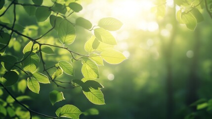 114. Spring sunlight illuminating green leaves, with the sun rays creating lens flares and the foliage moving gently in the breeze, capturing a serene and peaceful natural scene