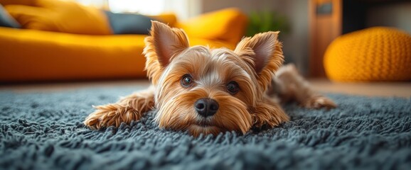 Wall Mural - Adorable Yorkshire Terrier Dog Laying on a Blue Rug