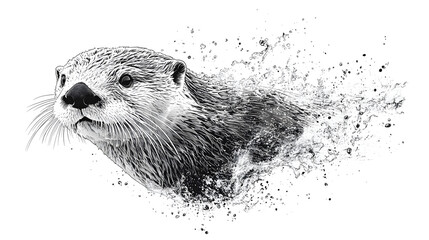 Sea otter, letterpress style, black and white,