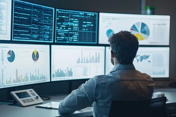 Wall Mural - An Engineer Reviews The Data From A Renewable Energy Monitoring System. They Analyze Performance Metrics From Solar