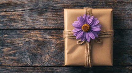 Wall Mural - Rustic Gift Box with Purple Flower on Wooden Background