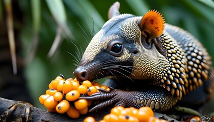 Wall Mural - Six-banded armadillo feasting on delicious palm fruit in a vibrant natural setting