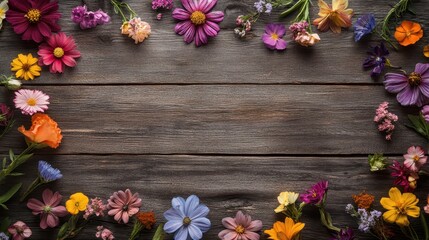 Sticker - Vibrant Floral Frame on Rustic Wooden Background