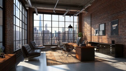 Wall Mural - Office interior with high ceilings, exposed brick walls, industrial lighting, large windows offering city views, and sleek modern furniture