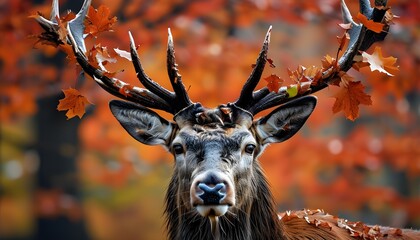 Wall Mural - Majestic red deer stag adorned with autumn foliage on antlers during rut season