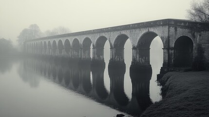 Wall Mural - A misty stone bridge reflected in calm water.