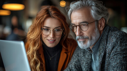 A man and woman look at a laptop screen together.