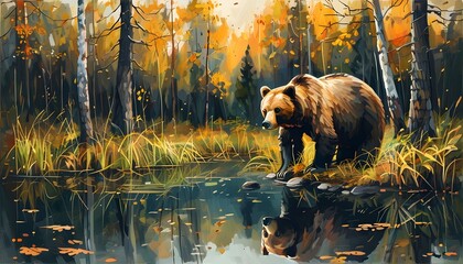 Canvas Print - Eurasian Brown Bear by a Serene Pond Surrounded by Autumn Foliage in a Tranquil Forest