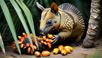 Wall Mural - Six-banded armadillo feasting on delicious palm fruit in a vibrant natural setting