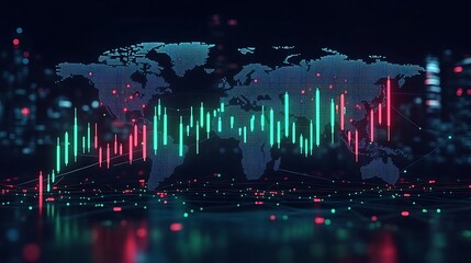 A market sentiment chart with alternating green and red candlesticks, overlaid on a dim world map, bright financial hubs glowing faintly, network lines connecting regions, dynamic lighting effects,