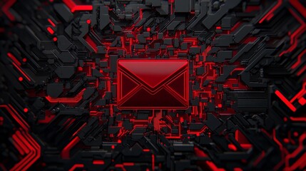 Wall Mural - Bold red email icon fused with a menacing virus alert symbol, sleek modern style, subject with sharp edges and an intense glow, digital art style with high contrast, frontal view, centered