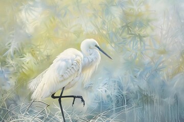 a white bird with a long neck stands on a branch in a field