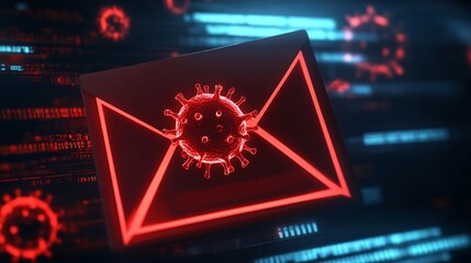 Envelope icon with a red virus symbol and phishing attack alert, clean and clear style, envelope with detailed virus symbol and bold phishing alert, modern and minimal, frontal view, envelope