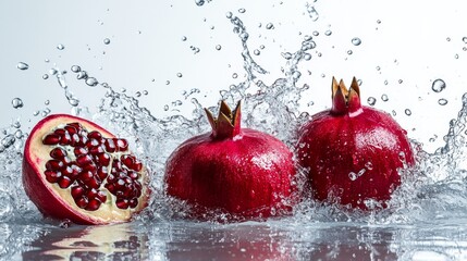 Pomegranates Splashing in Water with Air Bubbles