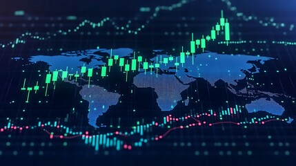 Rising green candlesticks on a stock chart, displayed on a glowing blue-toned global map with network nodes illuminating financial hubs, dynamic upward trends in cryptocurrency trading,