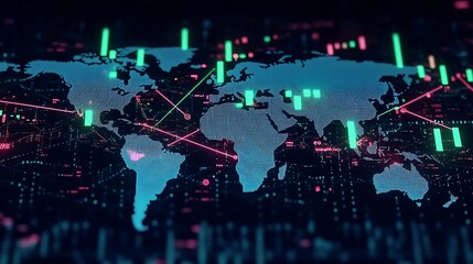 Rising green candlesticks on a stock market chart, displayed on a digital world map with bright arrows pointing to financial hubs, glowing lines connecting global cryptocurrency markets,