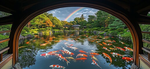 A serene garden scene featuring koi fish and a rainbow over a pond.