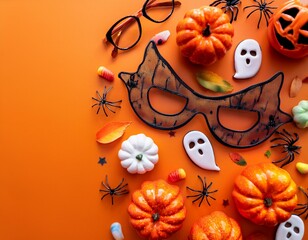 Halloween party background flat lay with gingerbread cookies