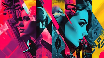 A bold design featuring stylized movie posters reimagined in a pop art style with bright colors and graphic elements