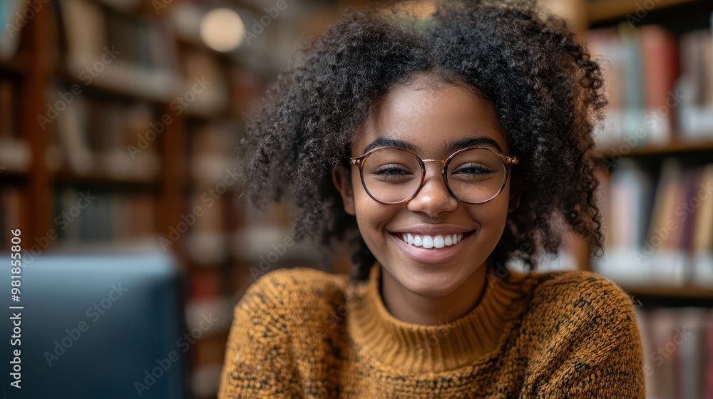 Happy Black Woman Student in Library with Glasses Smiling Stock Photo ...