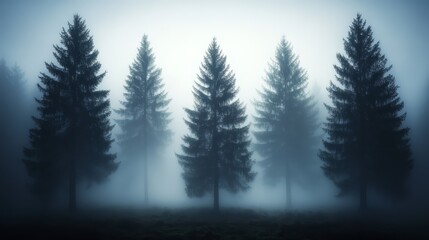 Mysterious Foggy Forest With Tall Pine Trees