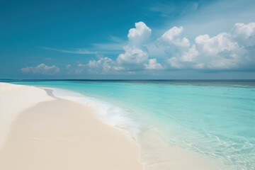 Wall Mural - Azure ocean meets sandy cay with lush tropical vegetation under a cloudy sky in the Caribbean. Ocean waves gently break along the tranquil coast.