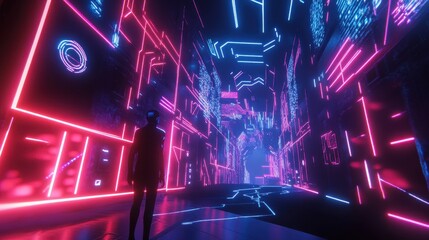 Wall Mural - Neon-Lit Futuristic City Street Scene with Silhouetted Figure