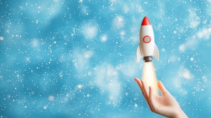 Canvas Print - Hand Holding Toy Rocket With Blue Bokeh Background