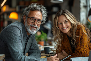 Wall Mural - Smiling man and woman working together.